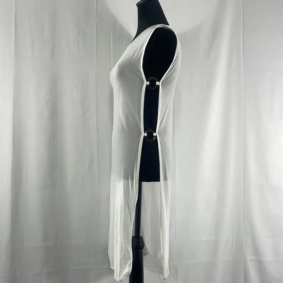 Sheer white sleeveless swim cover, tunic, top, peek a boo slits on side, Large - Picture 4 of 10